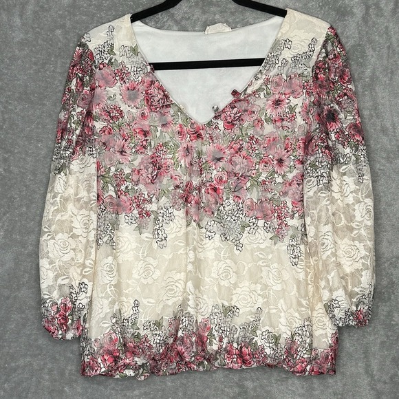 Ember L Large Top Shirt Pink Ivory Flower Floral V Neck 3/4 Sleeve Lace Stretch - Picture 1 of 7